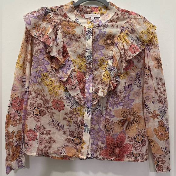 Olivaceous Floral Ruffle Blouse Buttoned Down Sz L - Picture 1 of 8